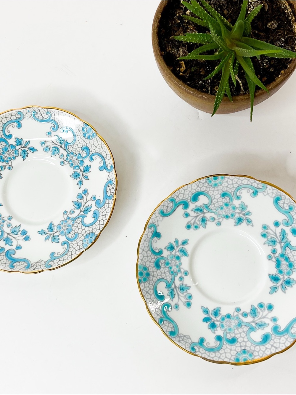 Vintage Blue Floral Bone China Saucers Gold Trim Set 2